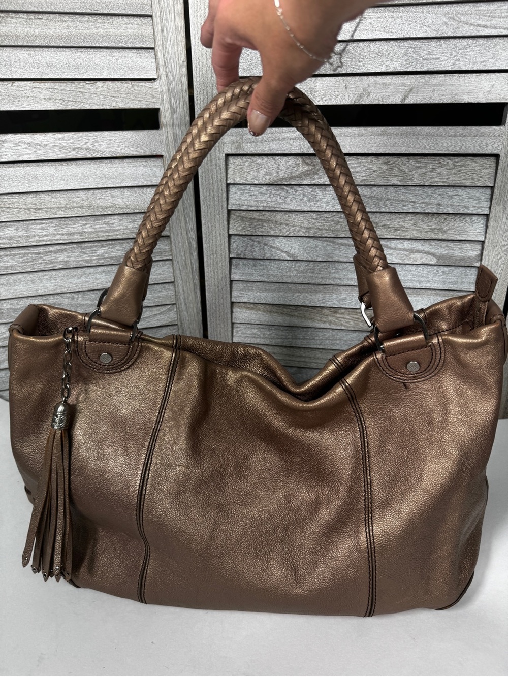 Cole Haan Metallic Bronze Leather Hobo Bag Braided Handles Tassel